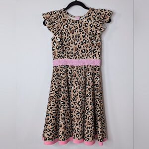 MonnaLisa Cheetah Animal Print Ruffle Sleeve Midi Skater Dress Brown‎ Pink 12